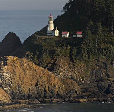 OR: South Coast Region, Lane County, Pacific Coast, Florence Area, Florence's North Coast, Heceta Head, View over the cliff-lined beaches of Cape Cove towards Heceta Head and it's lighthouse from US 101 [Ask for #278.533.]