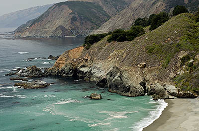 CA: South Coast Region, Monterey County, Los Padres National Forest, Big Sur, Big Creek Area, View from Gamboa Point over China Beach towards Big Creek Bridge [Ask for #271.051.]