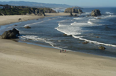 OR: South Coast Region, Coos County, Bandon Area, South Beaches, Cocquille Point, View from grassy cliffs with wildflowers, over sand beach to a set of rock bound islands just offshore [Ask for #274.339.]