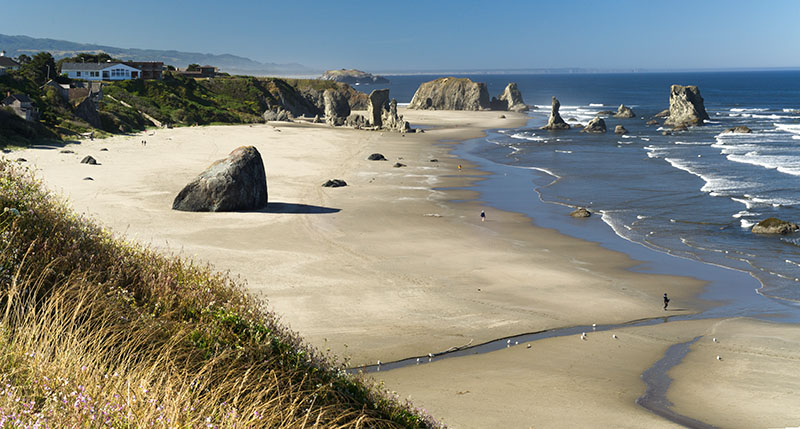 OR: South Coast Region, Coos County, Bandon Area, South Beaches, Coquille Point, View from a grassy cliff to a sand beach spotted with large hoodoos [Ask for #274.349.]