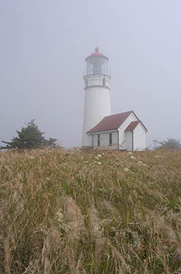 OR: South Coast Region, Curry County, North Coast, Cape Blanco Area, Cape Blanco State Park, Fog envelopes Cape Blanco Lighthouse [Ask for #274.384.]