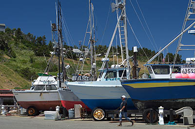 OR: Curry County, North Coast, Port Orford Area, Port Orford Marina, Small commercial fishing boats trailered at the town's harbor [Ask for #274.403.]