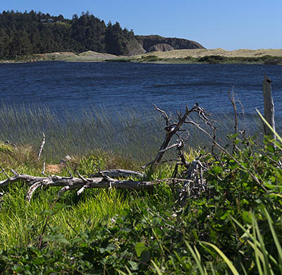 OR: South Coast Region, Curry County, North Coast, Port Orford Area, Town of Port Orford, Garrison Lake, Dunes abut the Port Orford Heads, viewed across the lake. [Ask for #274.436.]