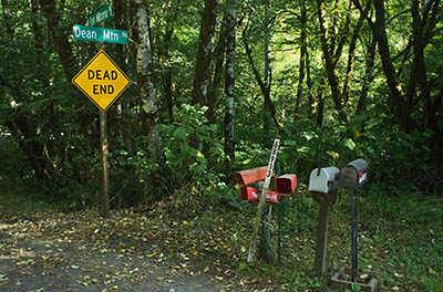 OR: South Coast Region, Coos County, Coast Range, Elliott State Forest, The Ridgetop Drive, FR 2000, The end of SFR 2000 at the southern boundary of the state forest, at County Road 47; sign post. Rural mail boxes. [Ask for #274.A85.]