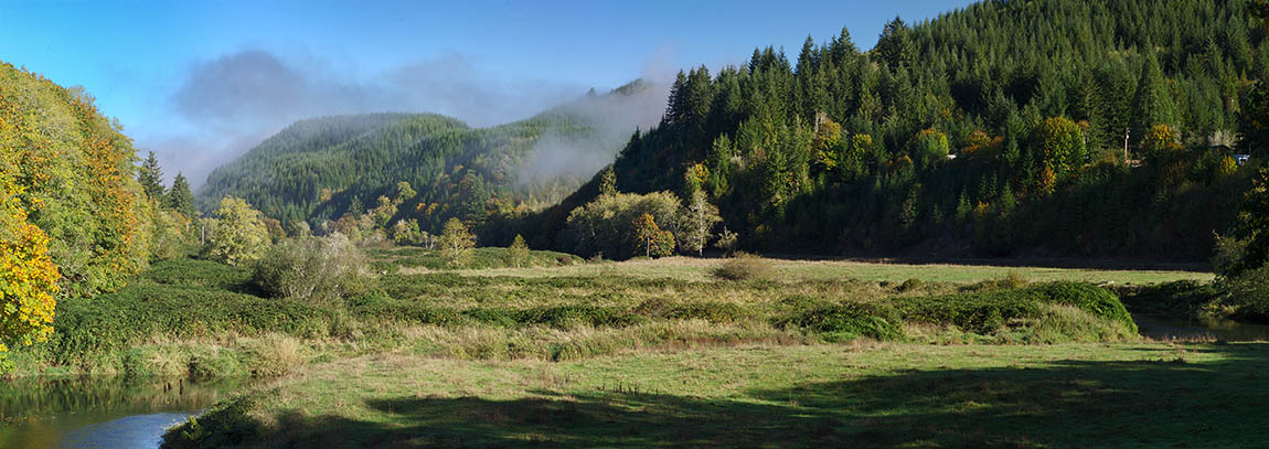 OR: South Coast Region, Douglas County, Coast Range, Smith River Area, Lower Smith River, North Fork Community, Panoramic view over North Fork Smith River [Ask for #276.023.]