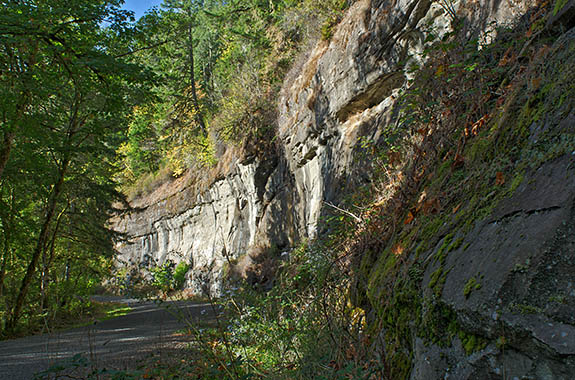 OR: South Coast Region, Douglas County, Coast Range, Smith River Area, Lower Smith River, Smith River Road runs beneath cliffs in a road cut. [Ask for #276.034.]