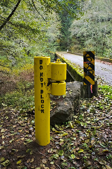 OR: South Coast Region, Douglas County, Coast Range, Smith River Area, Upper Smith River, Logging bridge over the Smith River, with an open yellow gate [Ask for #276.119.]