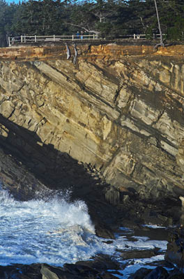 OR: Coos County, Coos Bay Area, Cape Arago Parks, Shore Acres Cliffs, High surf pounds against sea cliffs [Ask for #276.220.]