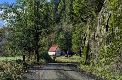 OR: South Coast Region, Coos County, Coast Range, Old Coos Bay Wagon Road, Sitkum Community, The Old Wagon Road passes rock cliffss at the eastern edge of Sitkum. [Ask for #276.272.]