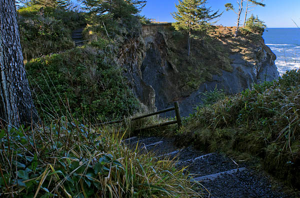 OR: South Coast Region, Coos County, Coos Bay Area, Cape Arago Parks, Shore Acres State Park, Shore Acres Cliffs, Path leads down steps along a cliff-top forest [Ask for #276.356.]