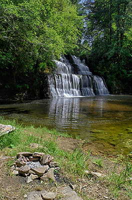 OR: South Coast Region, Douglas County, Coast Range, Reedsport Area, Camp Creek Area (BLM), Camp Creek Canyon, Camp Creek Falls, View of the waterfall from an informal camping spot [Ask for #276.975.]