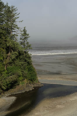 OR: South Coast Region, Lane County, Pacific Coast, Cape Perpetua Area, Heceta Head, Cape Creek flows through the beach that sits beneath the lighthouse, with fog over the ocean [Ask for #276.988.]