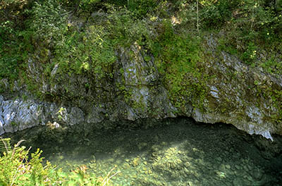 OR: Curry County, Coast Range, Elk River, Elk River. Cliffs plunge into the clear waters of the Elk River, as it runs through a gorge. [Ask for #277.023.]