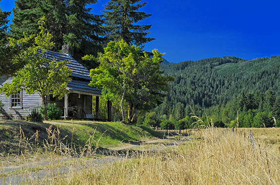 OR: Coos County, Coast Range, Coquille River Drainage, Powers Community, Pioneer Museum, a restored log cabin [Ask for #277.048.]