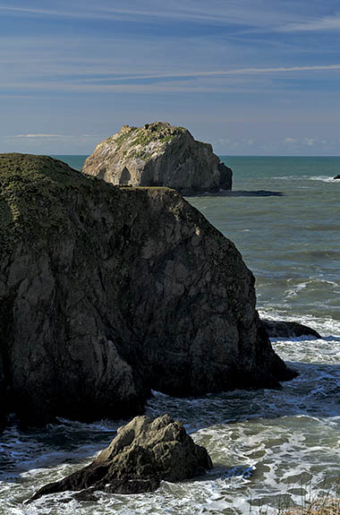 OR: South Coast Region, Coos County, Bandon Area, Town of Bandon, Face Rock State Wayside, View towards Face Rock and a smaller sea rock beyond, from cliffs. [Ask for #278.018.]