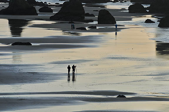 OR: South Coast Region, Coos County, Bandon Area, Town of Bandon, Devils Kitchen State Wayside, Clifftop view of people on the beach enjoying the sunset, with sea spires surrounded by sand on the low tide [Ask for #278.037.]