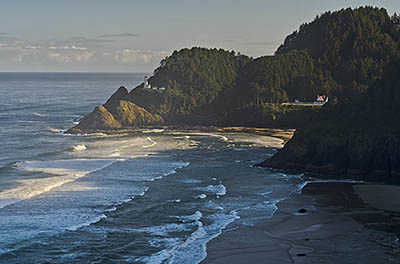 OR: South Coast Region, Lane County, Pacific Coast, Cape Perpetua Area, Heceta Head, View towards lighthouse from US 101 overlook. [Ask for #278.063.]