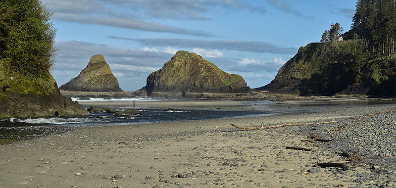 OR: South Coast Region, Lane County, Pacific Coast, Cape Perpetua Area, Heceta Head, Beach and sea spires at Heceta Head, with the lighthouse tower atop cliffs [Ask for #278.073.]