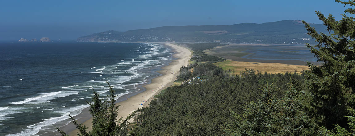 OR: Tillamook County, Pacific Coast, Netarts Bay Area, Anderson View Point. A long beach curves in front of Netarts Bay, with Cape Meares in the background [Ask for #278.493.]