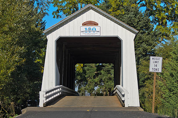 OR: Marion County, Pudding River Area, Gallon House Covered Bridge, Built in 1916, the Gallon House is the oldest covered bridge in Oregon that still carries traffic. [Ask for #278.627.]