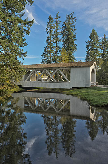 OR: Willamette Valley Region, Marion County, Stayton Area, Town of Stayton, Pioneer Park, Stayton-Jordon Covered Bridge, Open sided covered bridge, built in 1998 to replace the original from 1937. It carries a park path. [Ask for #278.640.]