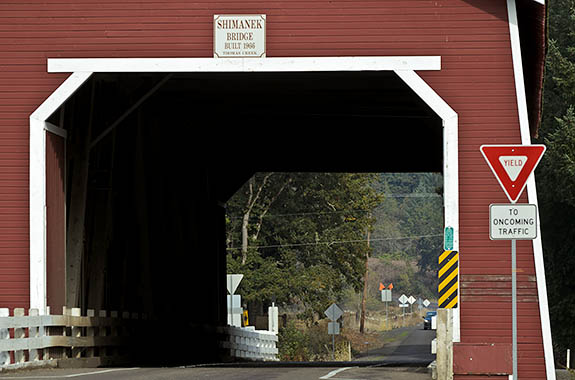 OR: Linn County, Willamette Valley in Linn County, Santiam River Area, Shimanek Covered Bridge. The Shimanek covered bridge dates from 1966, replacing a 1927 span destroyed in a flood. It continues to carry traffic. [Ask for #278.653.]