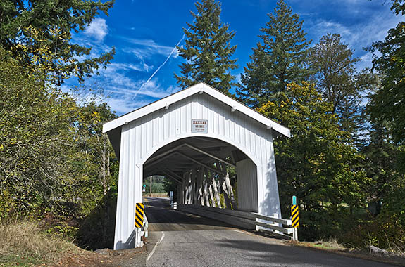OR: Linn County, Willamette Valley in Linn County, Santiam River Area, Hannah Covered Bridge. This open sided covered bridge, built in 1936, still carries traffic. [Ask for #278.656.]