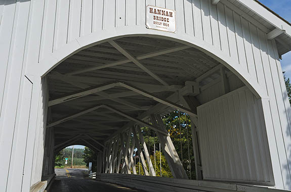 OR: Linn County, Willamette Valley in Linn County, Santiam River Area, Hannah Covered Bridge. This open sided covered bridge, built in 1936, still carries traffic. [Ask for #278.658.]
