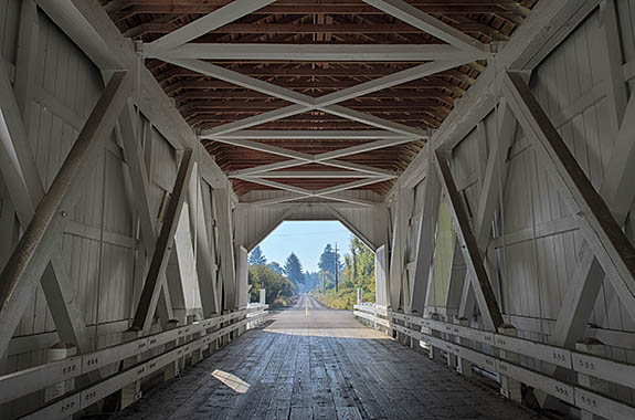 OR: Willamette Valley Region, Linn County, Willamette Valley in Linn County, Santiam River Area, Near Scio, Hoffman Covered Bridge, This open sided covered bridge, built in 1936, still carries traffic. [Ask for #278.665.]
