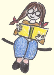 Color pencil sketch of girl in pigtails reading a book, by Kasey Hargan.