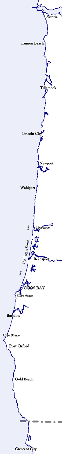 OR: South Coast Region, Coos County, Long, narrow map of the Oregon coast, with land areas transparent. Shows Astoria to Cresent City, but no inland cities. [Ask for #990.102.]