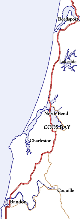 OR: South Coast Region, Coos County, Long, narrow map of the Coos Bay coast, with land areas transparent. Shows Reedsport to Bandon, with Coos Bay, North Bend, Charleston, Coquille, and Lakeside. [Ask for #990.103.]