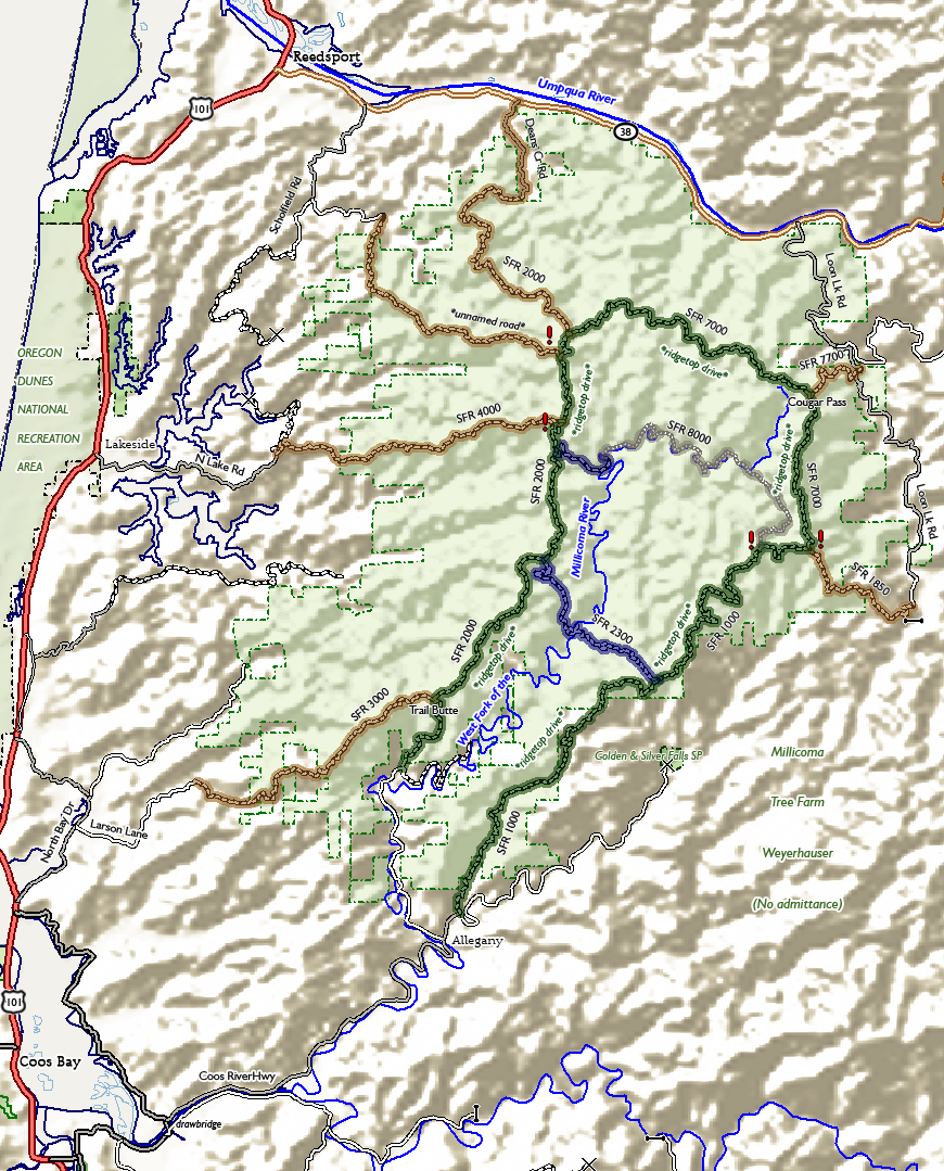 OR: South Coast Region, Coos County, Coast Range, Elliott State Forest, Roads of the Elliott State Forest, in the Coast Range between Coos Bay and Reedsport. [Ask for #990.129.]