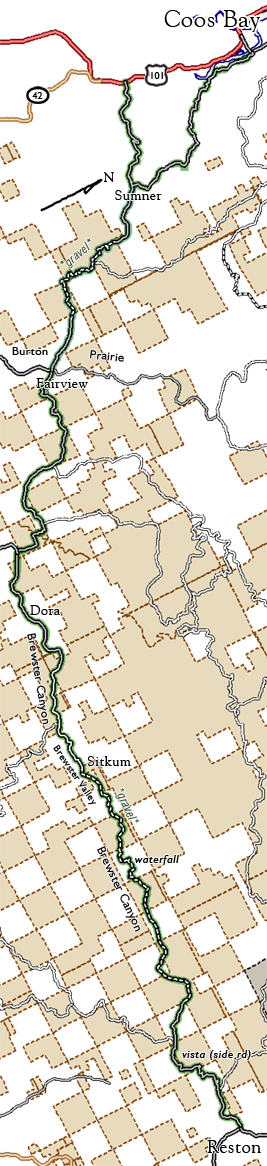 OR: South Coast Region, Coos County, Coast Range, Coos Bay Wagon Road, Map ot the Old Coos Bay Wagon Road, arranged vertically with north pointing to the upper right. [Ask for #990.131.]