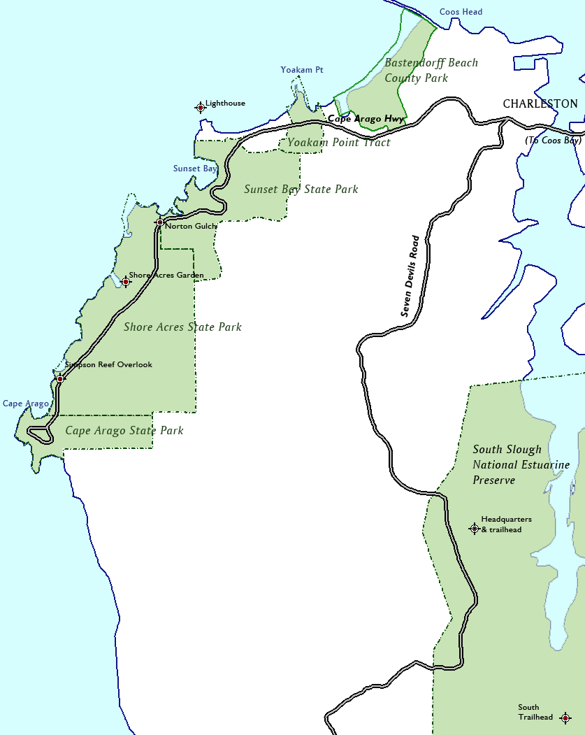 OR: South Coast Region, Coos County, Coos Bay Area, Cape Arago Parks, Map of the six Cape Arago parks [Ask for #990.132.]