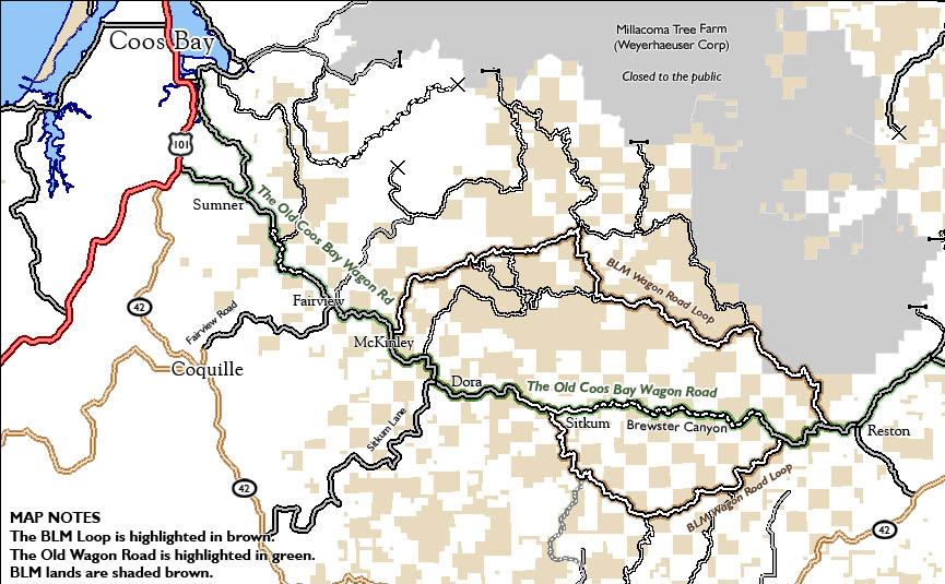 OR: South Coast Region, Coos County, Coast Range, Old Coos Bay Wagon Road, Map of the Old Coos Bay Wagon Road [Ask for #990.142.]