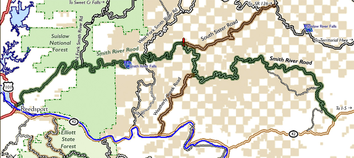 OR: South Coast Region, Douglas County, Coast Range, Smith River Area, Map of the Smith River Road and vicinity [Ask for #990.144.]